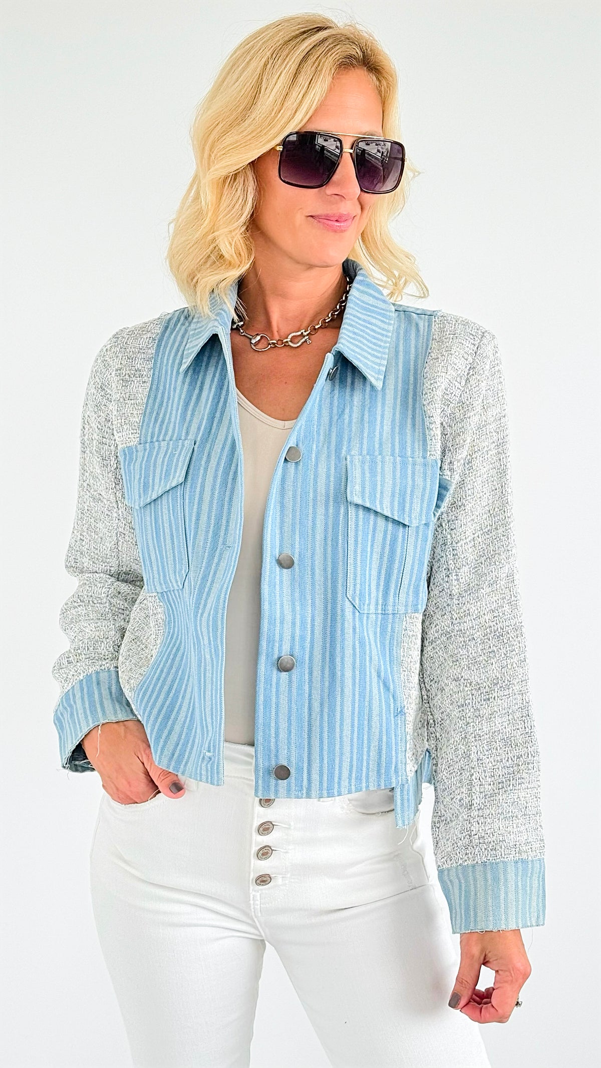 Blue Breeze Patchwork Jacket-160 Jackets-mystree-Coastal Bloom Boutique, find the trendiest versions of the popular styles and looks Located in Indialantic, FL