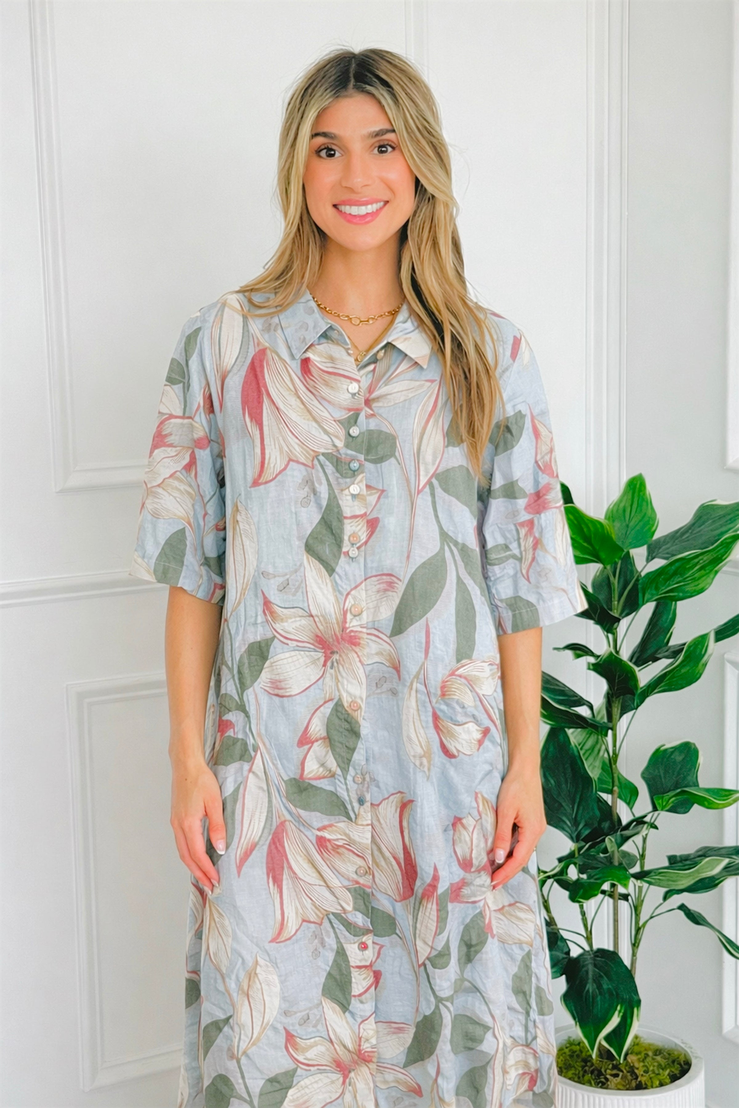 Blush Garden Italian Button Dress- Light Blue