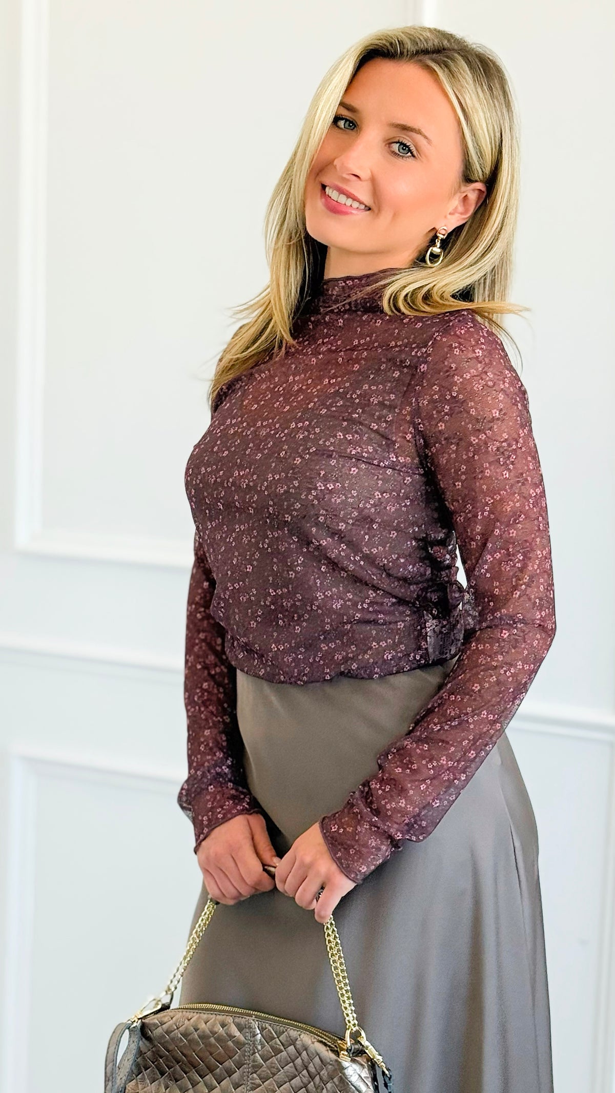 Dainty Meadow Mesh Top- Burgundy-110 Long Sleeve Tops-Umgee-Coastal Bloom Boutique, find the trendiest versions of the popular styles and looks Located in Indialantic, FL