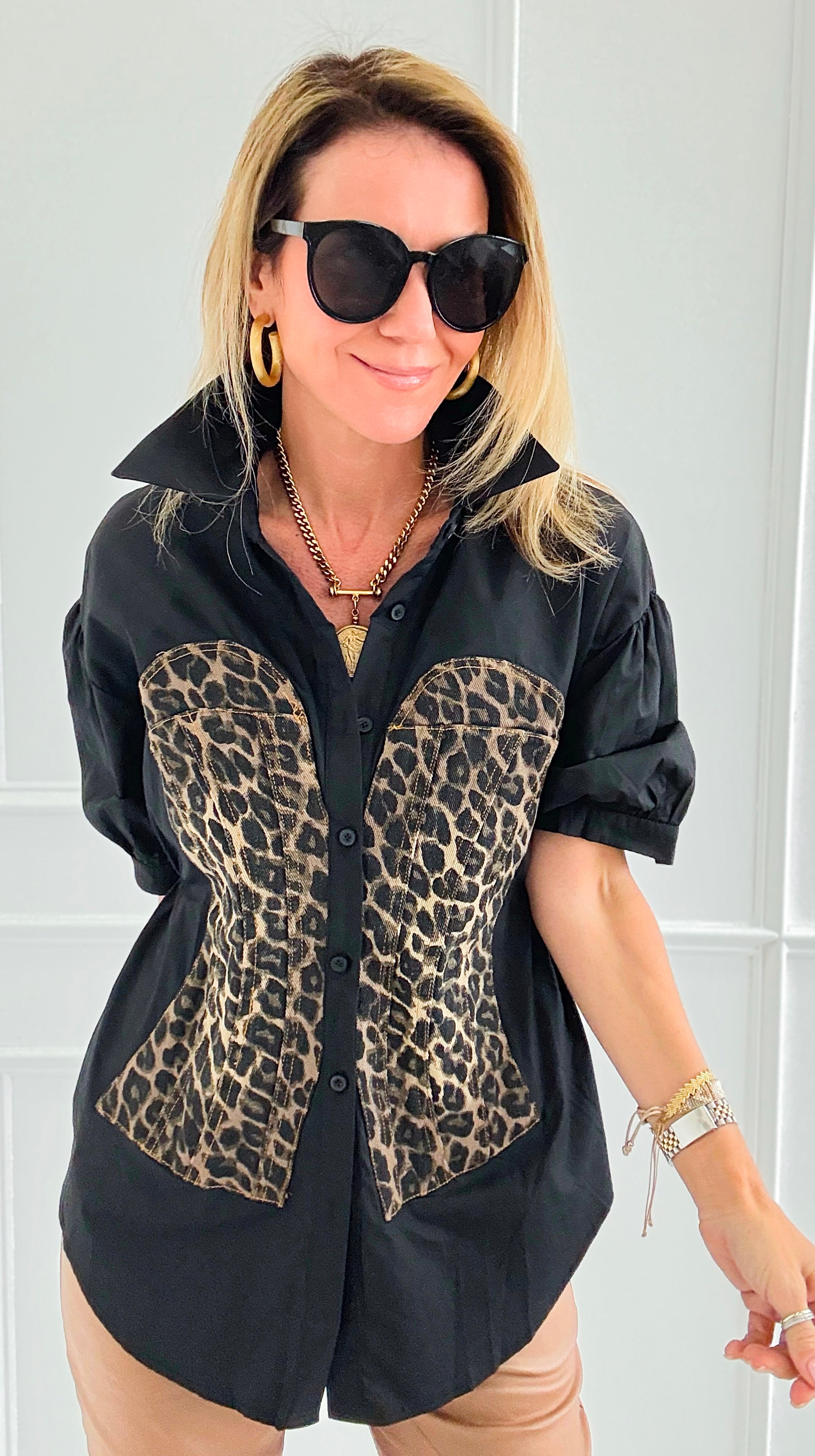 Run Wild Button-Up Blouse-Black-110 Short Sleeve Tops-7Mango7-Coastal Bloom Boutique, find the trendiest versions of the popular styles and looks Located in Indialantic, FL