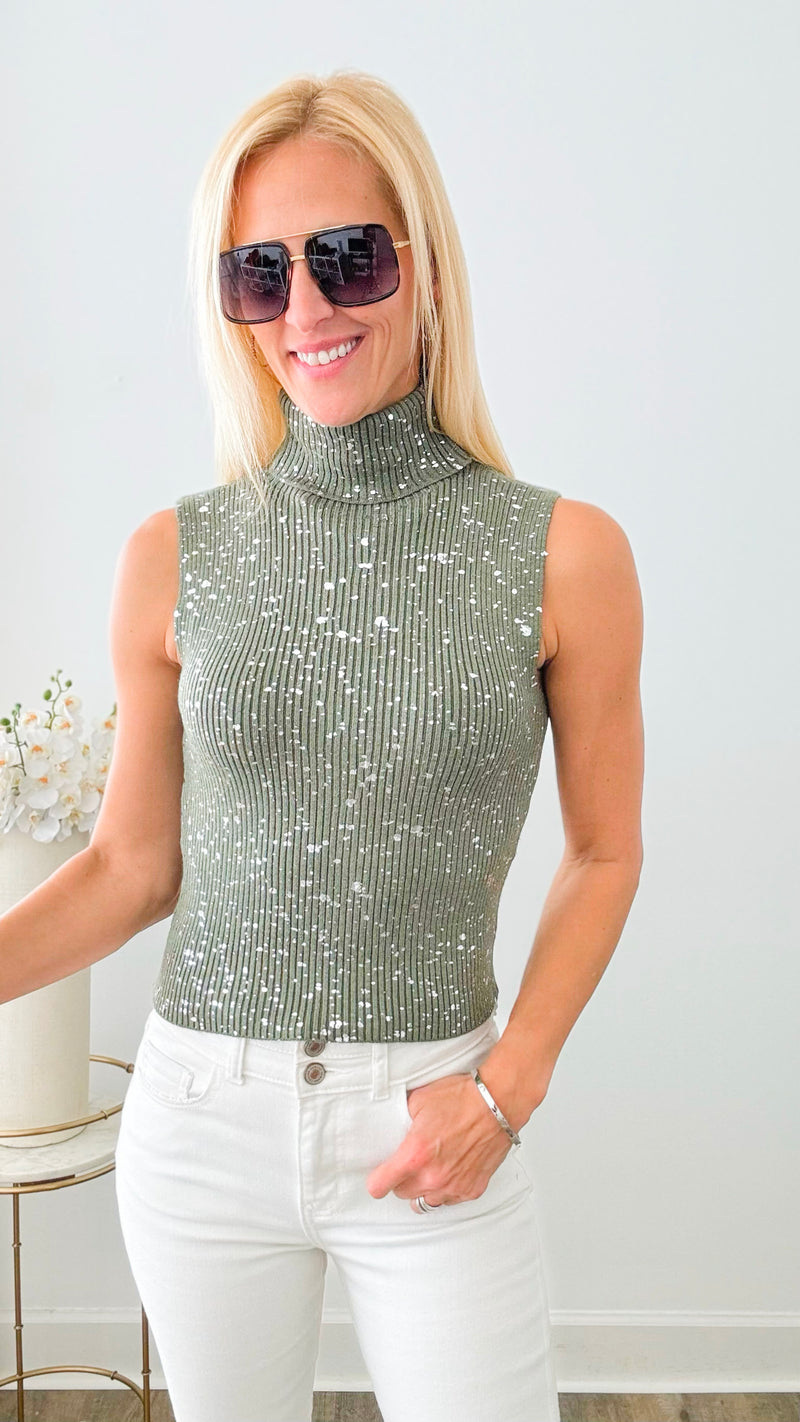 Turtleneck Speckled Italian Tank - Army Green /Silver-100 Sleeveless Tops-Germany-Coastal Bloom Boutique, find the trendiest versions of the popular styles and looks Located in Indialantic, FL