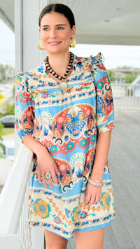 Sunlit Mosaic Ruffle Tie Dress