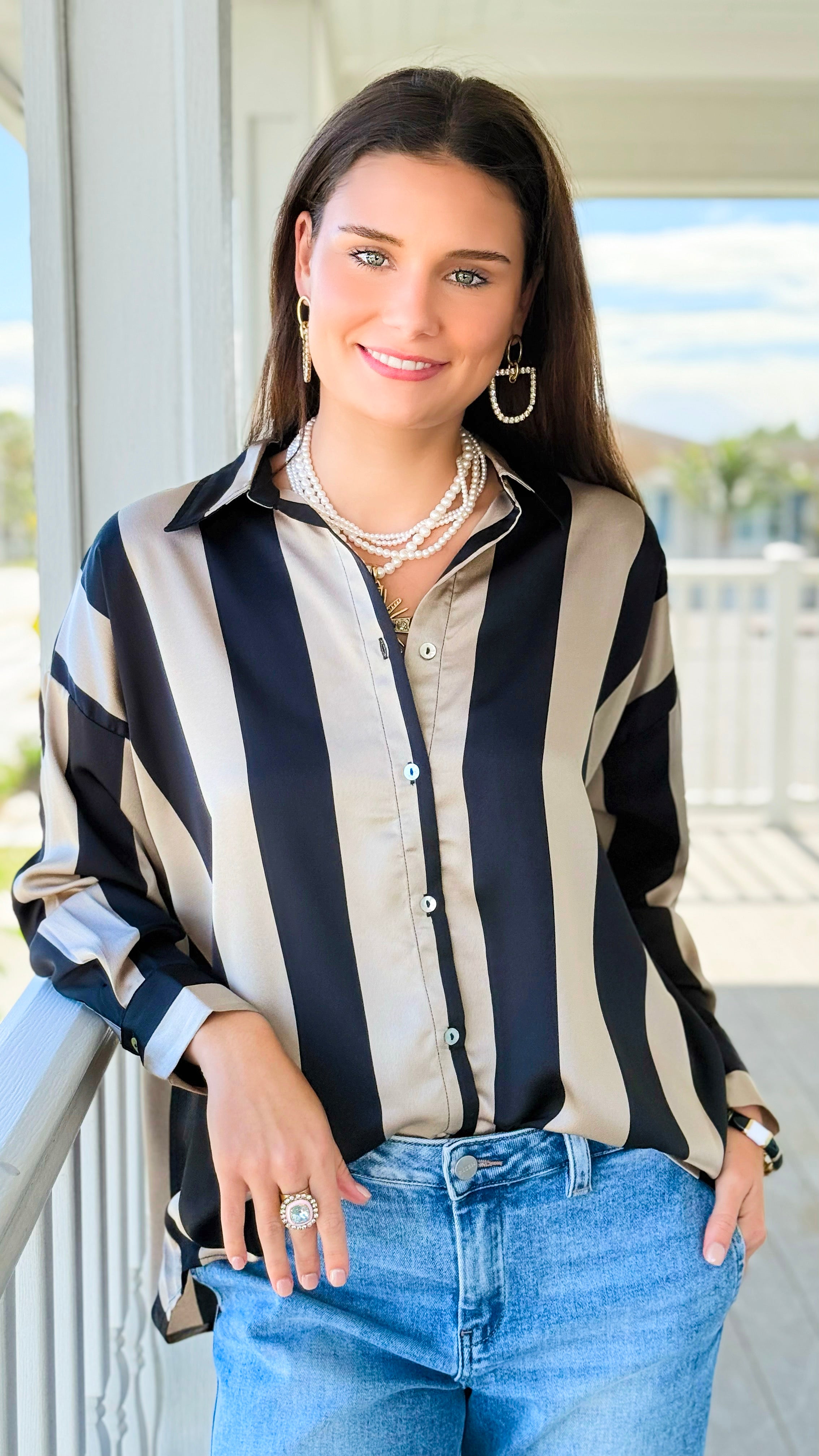 Oxford Lane Rugby Stripe Blouse-110 Long Sleeve Tops-DOE AND RAE-Coastal Bloom Boutique, find the trendiest versions of the popular styles and looks Located in Indialantic, FL