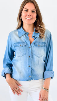 The Everyday Button-Up Denim Blouse-110 Long Sleeve Tops-VENTI6 OUTLET-Coastal Bloom Boutique, find the trendiest versions of the popular styles and looks Located in Indialantic, FL