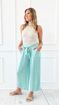 Italian Silky Wide Leg Pants with Belt- Mint-100 Pants-V6-Coastal Bloom Boutique, find the trendiest versions of the popular styles and looks Located in Indialantic, FL