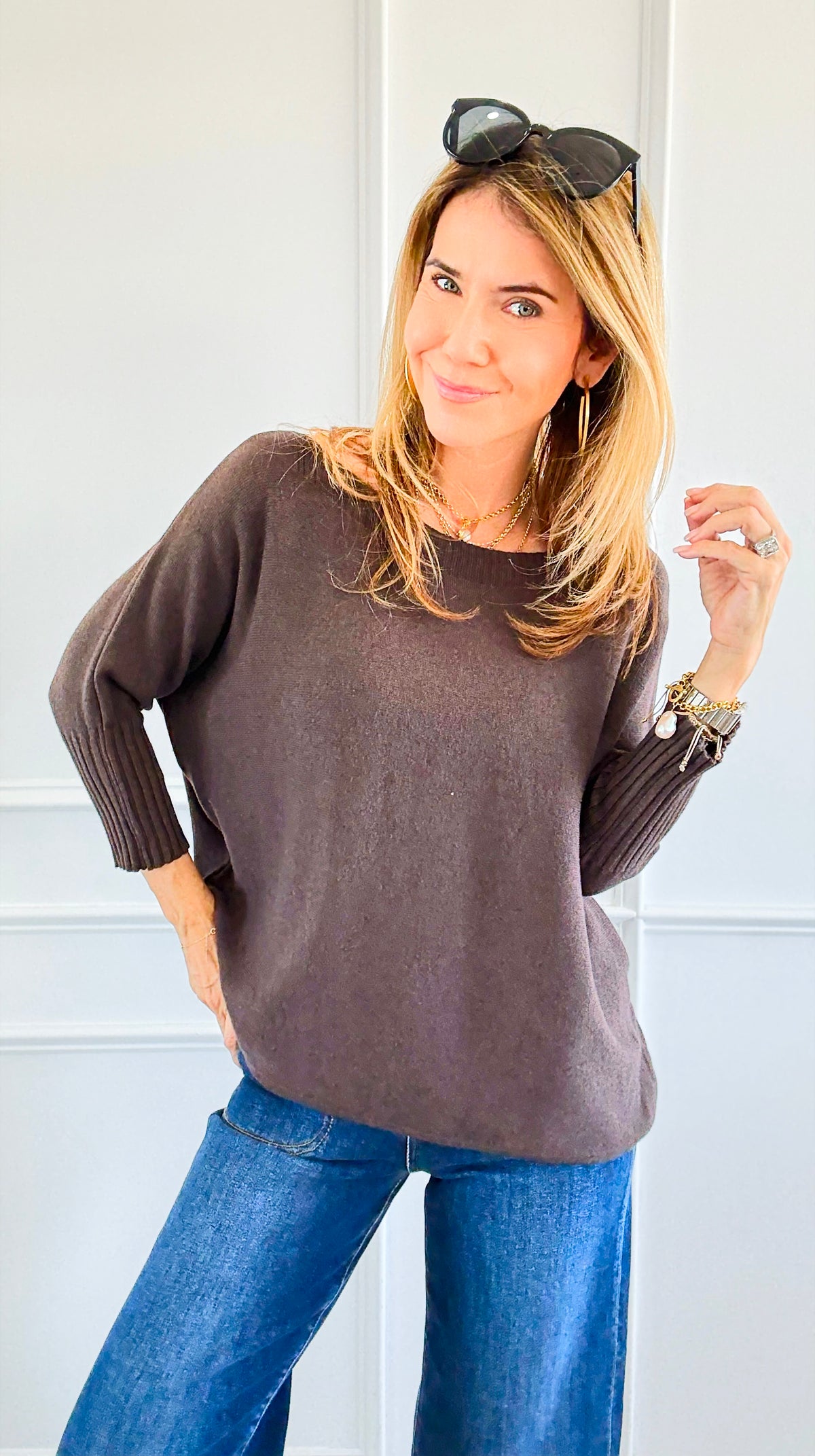 Break Free Round - Neck 3/4 Sleeve Italian Sweater Top - Espresso-140 Sweaters-J.D. PRONTO MODA-Coastal Bloom Boutique, find the trendiest versions of the popular styles and looks Located in Indialantic, FL