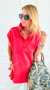 Weekend Ease Washed Collar Top - Red-110 Short Sleeve Tops-White Birch-Coastal Bloom Boutique, find the trendiest versions of the popular styles and looks Located in Indialantic, FL