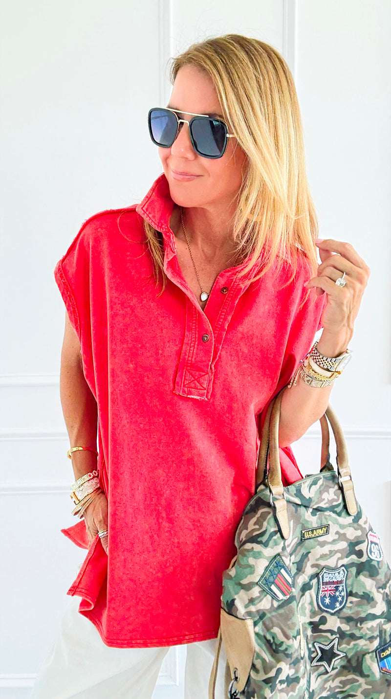 Weekend Ease Washed Collar Top - Red-110 Short Sleeve Tops-White Birch-Coastal Bloom Boutique, find the trendiest versions of the popular styles and looks Located in Indialantic, FL