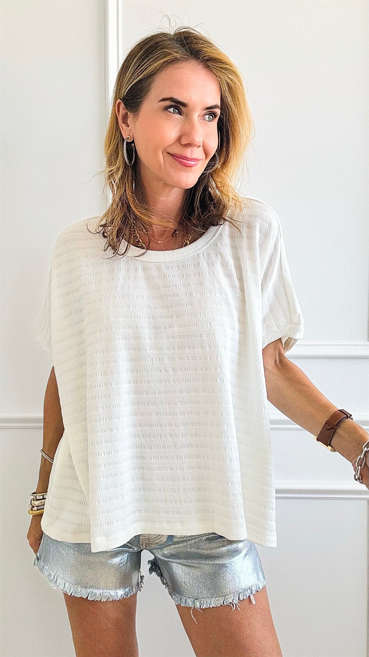 Textured Loose Fit Top - Off White-110 Short Sleeve Tops-EESOME-Coastal Bloom Boutique, find the trendiest versions of the popular styles and looks Located in Indialantic, FL