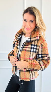 Plaid Fur Zip Jacket-160 Jackets-SANTOORI-Coastal Bloom Boutique, find the trendiest versions of the popular styles and looks Located in Indialantic, FL