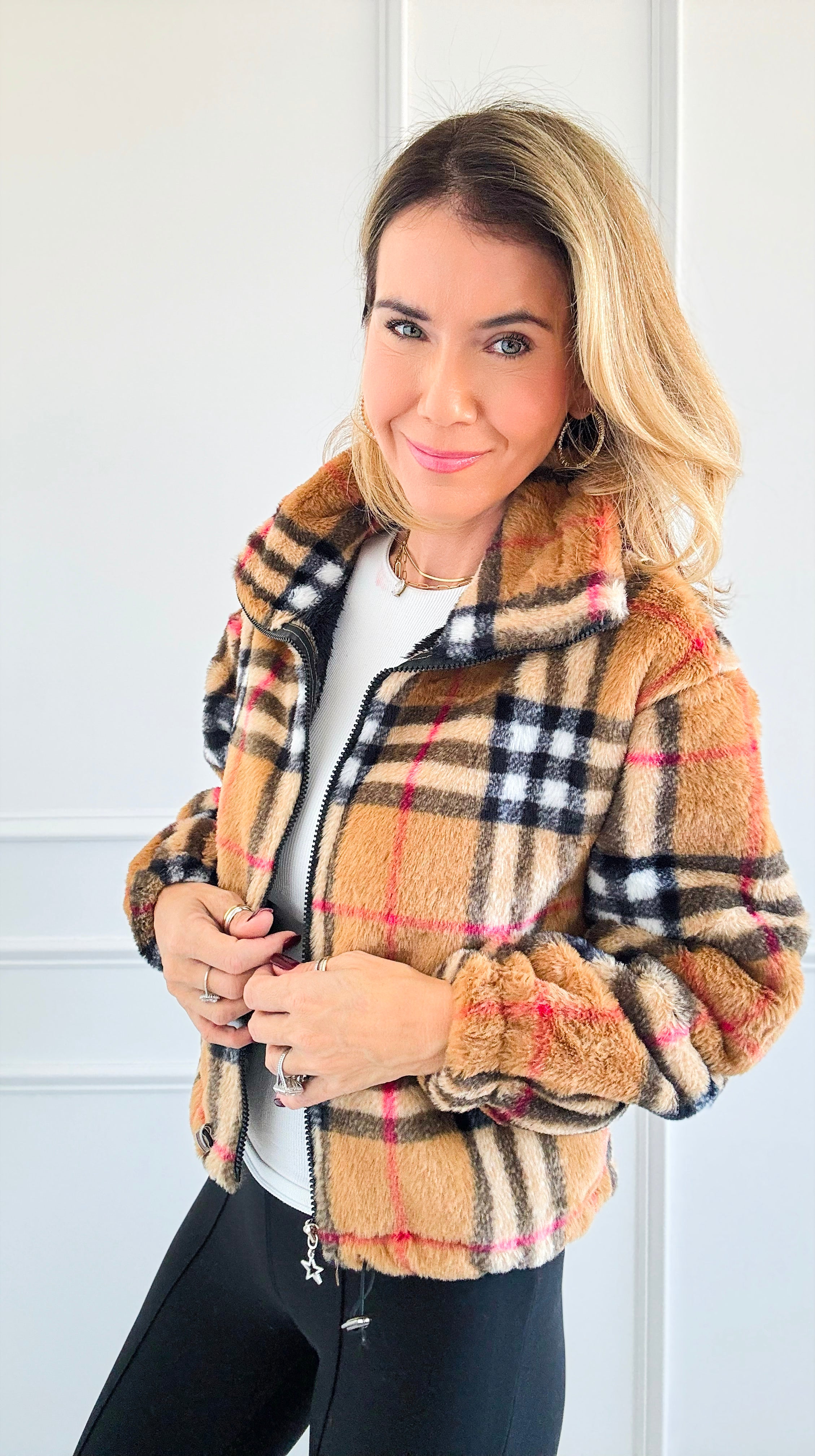 Plaid Fur Zip Jacket-160 Jackets-SANTOORI-Coastal Bloom Boutique, find the trendiest versions of the popular styles and looks Located in Indialantic, FL