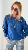 Fiora French Scuba Ribbon-Bow Sweatshirt - Denim Blue-130 Long Sleeve Tops-Joh Apparel-Coastal Bloom Boutique, find the trendiest versions of the popular styles and looks Located in Indialantic, FL