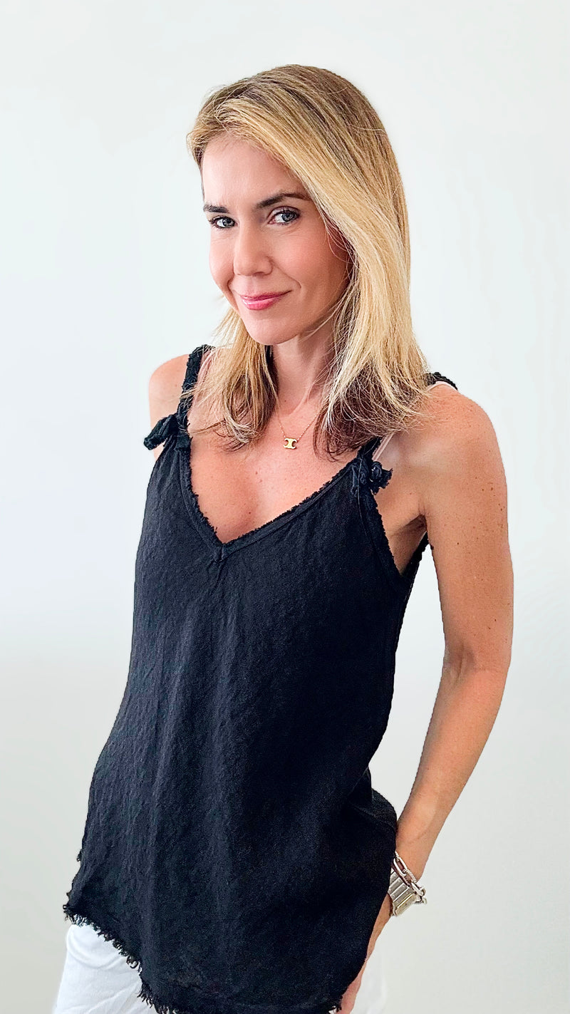 Braided Detail Italian Linen Tank - Black-100 Sleeveless Tops-Germany-Coastal Bloom Boutique, find the trendiest versions of the popular styles and looks Located in Indialantic, FL