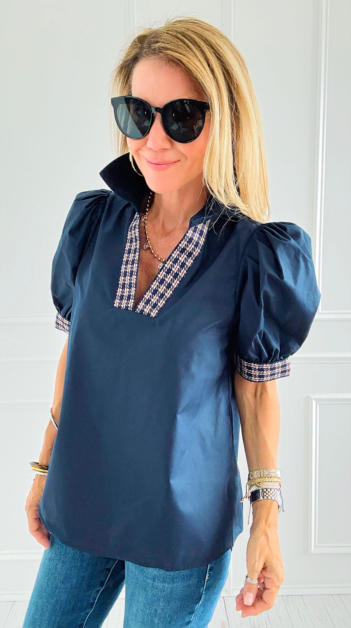 Checked Charm Puff Sleeve Top-110 Short Sleeve Tops-entro-Coastal Bloom Boutique, find the trendiest versions of the popular styles and looks Located in Indialantic, FL