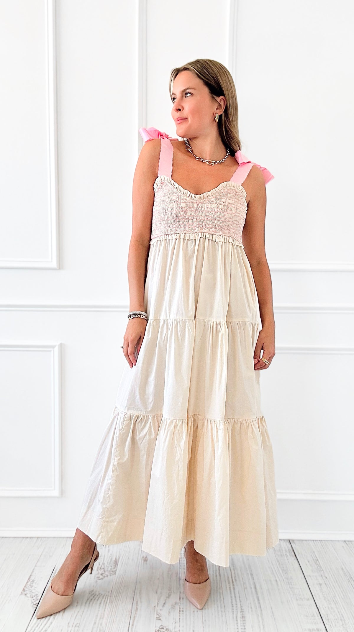 Ribbon Tie Smocked Midi Dress - Cream Pink-200 Dresses/Jumpsuits/Rompers-Lovelo x GeeGee-Coastal Bloom Boutique, find the trendiest versions of the popular styles and looks Located in Indialantic, FL