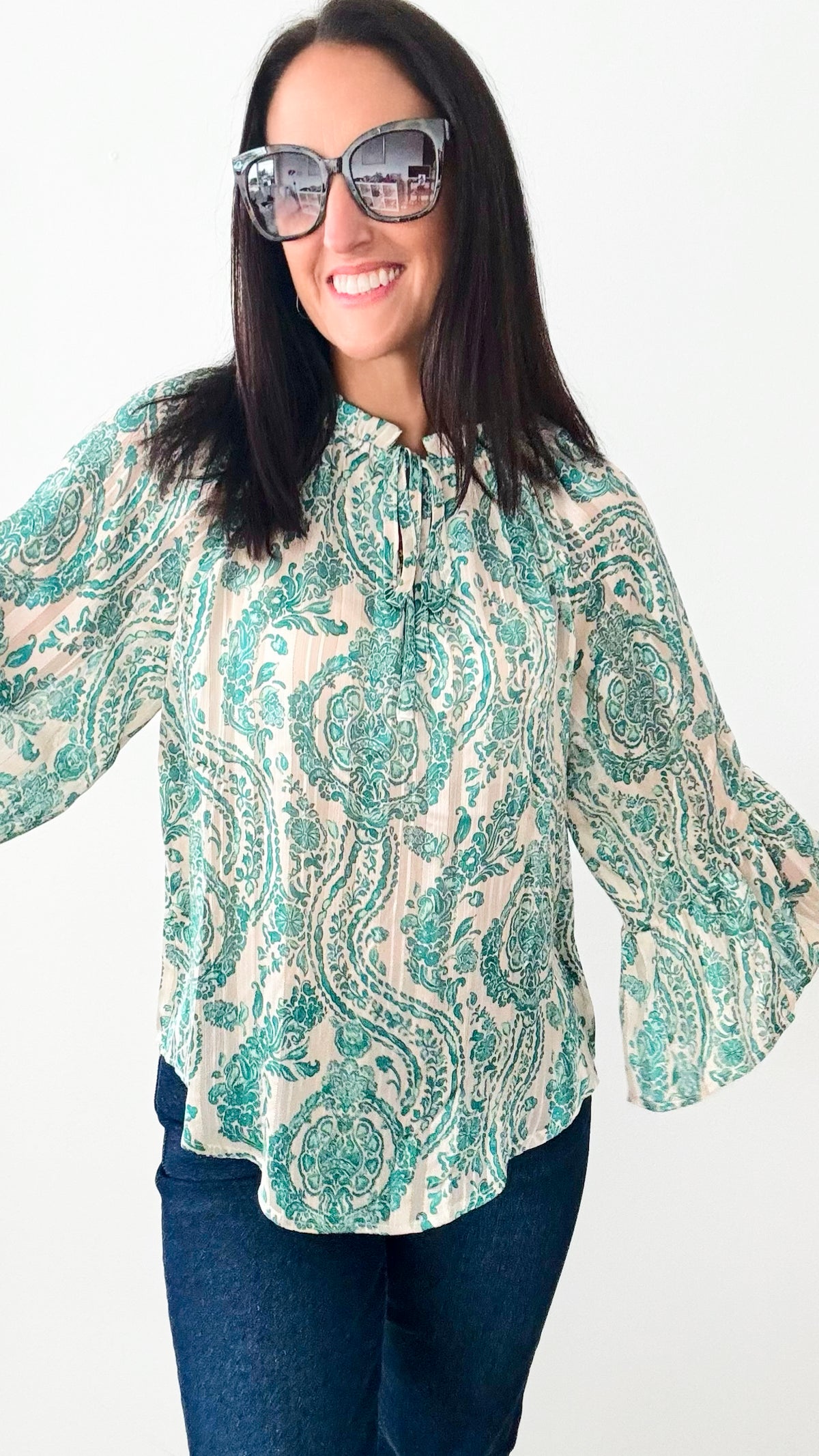 Tie Front Printed Blouse - Cream/Green-130 Long Sleeve Tops-Gigio-Coastal Bloom Boutique, find the trendiest versions of the popular styles and looks Located in Indialantic, FL