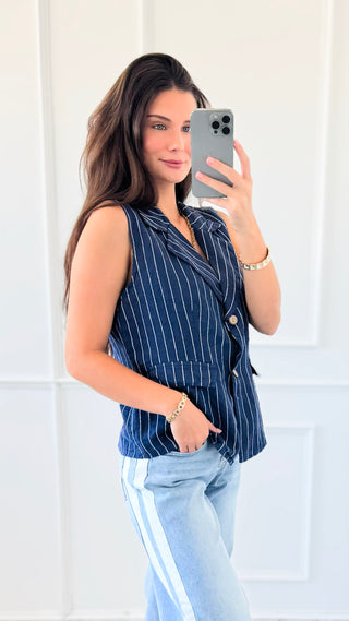 Casual Lines Italian Linen Vest- Navy/White