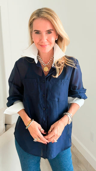 Sheer Petal Contrast Italian Button-Up- Navy