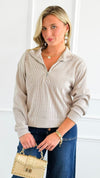 Weekend Ease Ribbed Sweatshirt - Beige-130 Long Sleeve Tops-IRIS-Coastal Bloom Boutique, find the trendiest versions of the popular styles and looks Located in Indialantic, FL