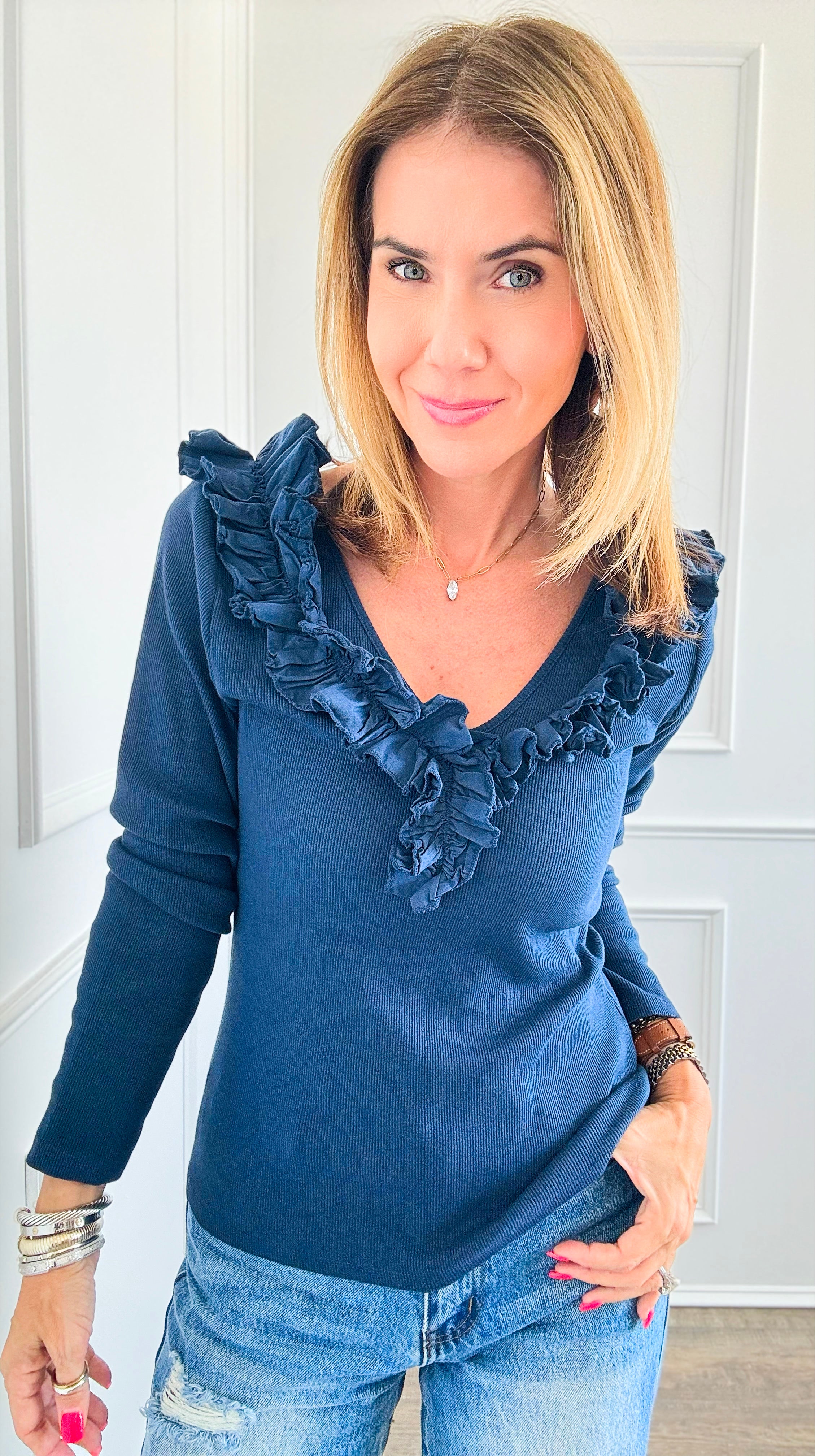 Whimsical Ruffle Italian Pullover- Navy-100 Sleeveless Tops-Italianissimo-Coastal Bloom Boutique, find the trendiest versions of the popular styles and looks Located in Indialantic, FL