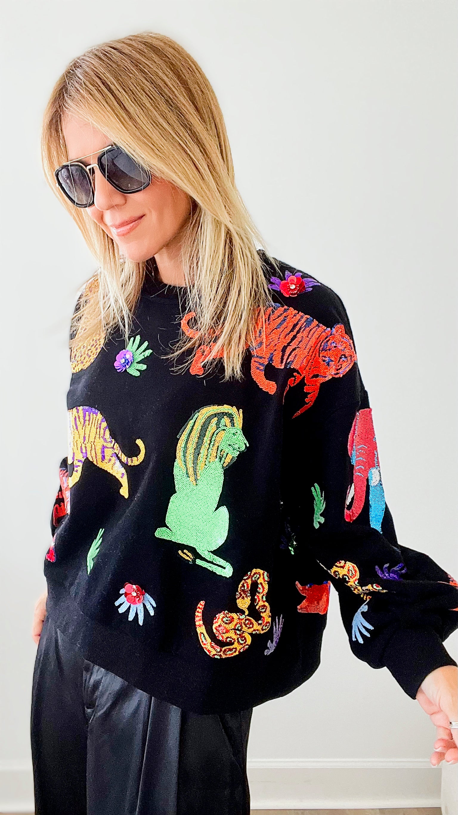 Walk About The Zoo Queen of Sparkles Sweatshirt - Black-130 Long Sleeve Tops-Queen of Sparkles-Coastal Bloom Boutique, find the trendiest versions of the popular styles and looks Located in Indialantic, FL