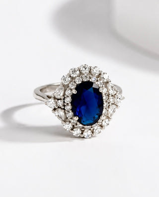 Sterling Silver Sapphire Oval CZ Halo Ring