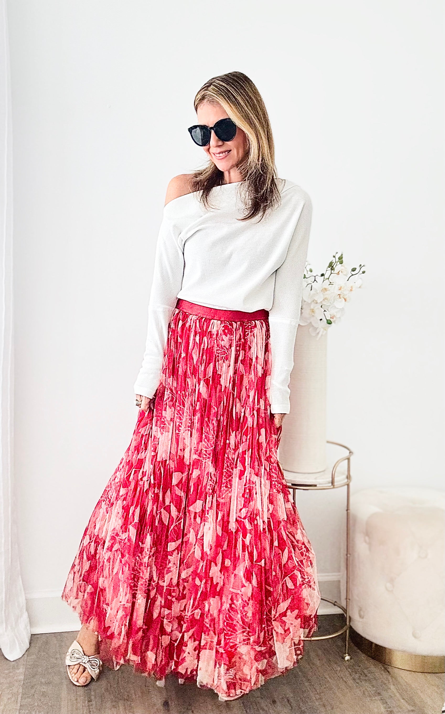 Floral Mesh Double Layers Maxi Skirt-170 Bottoms-INA-Coastal Bloom Boutique, find the trendiest versions of the popular styles and looks Located in Indialantic, FL