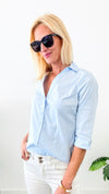 V-Neck Blouse - Blue-110 Short Sleeve Tops-Michel-Coastal Bloom Boutique, find the trendiest versions of the popular styles and looks Located in Indialantic, FL
