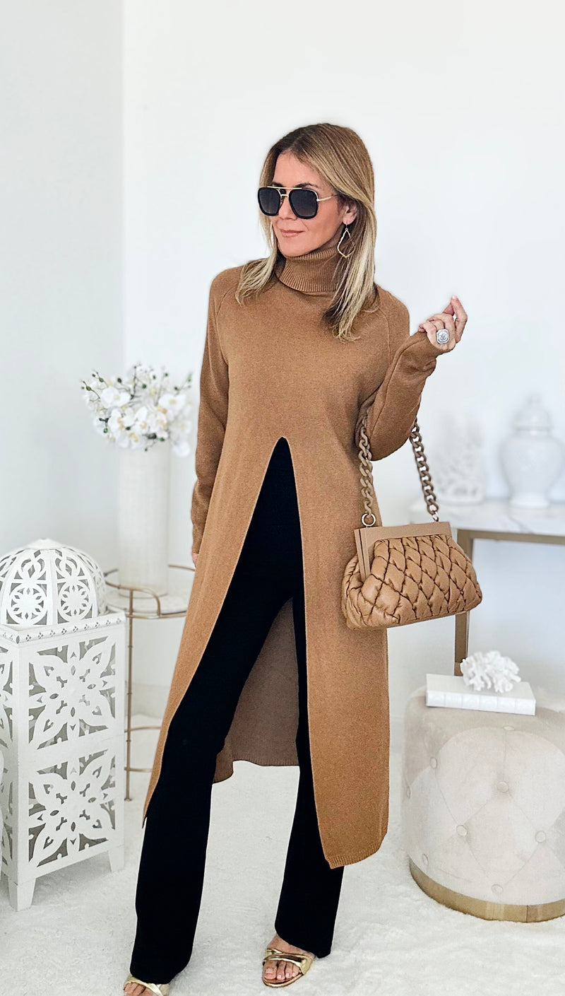 Chic Long Split Italian Sweater - Camel-150 Cardigans/Layers-Italianissimo-Coastal Bloom Boutique, find the trendiest versions of the popular styles and looks Located in Indialantic, FL