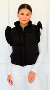 Ruffle & Ready Bow Puffer Vest - Black-vest-Jodifl-Coastal Bloom Boutique, find the trendiest versions of the popular styles and looks Located in Indialantic, FL