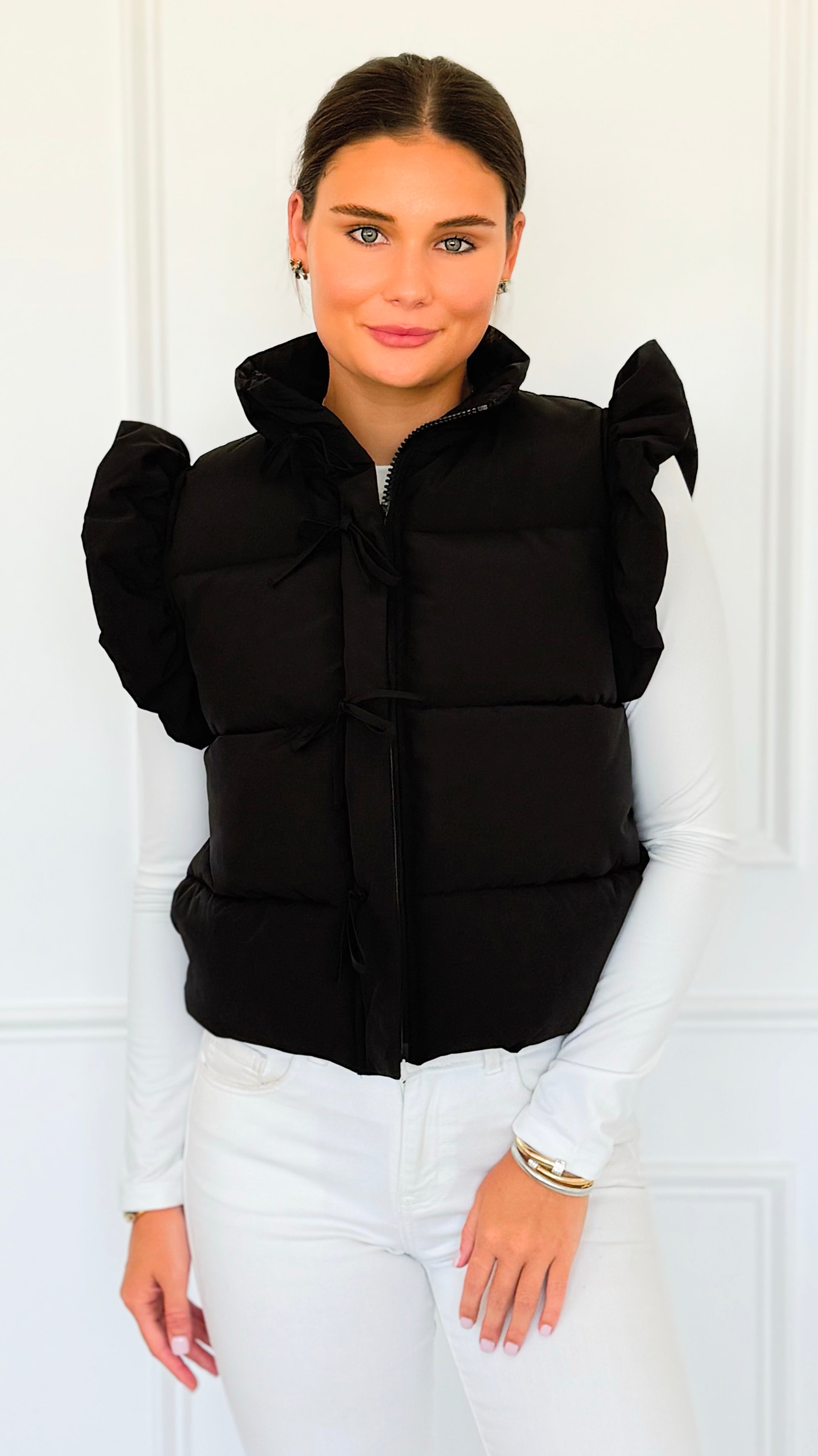 Ruffle & Ready Bow Puffer Vest - Black-vest-Jodifl-Coastal Bloom Boutique, find the trendiest versions of the popular styles and looks Located in Indialantic, FL