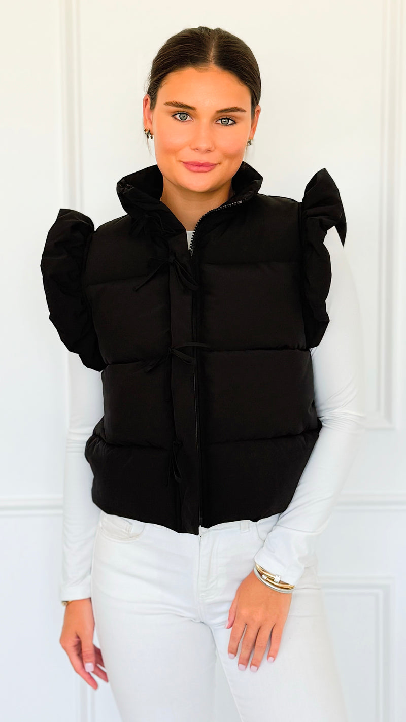 Ruffle & Ready Bow Puffer Vest - Black-vest-Jodifl-Coastal Bloom Boutique, find the trendiest versions of the popular styles and looks Located in Indialantic, FL