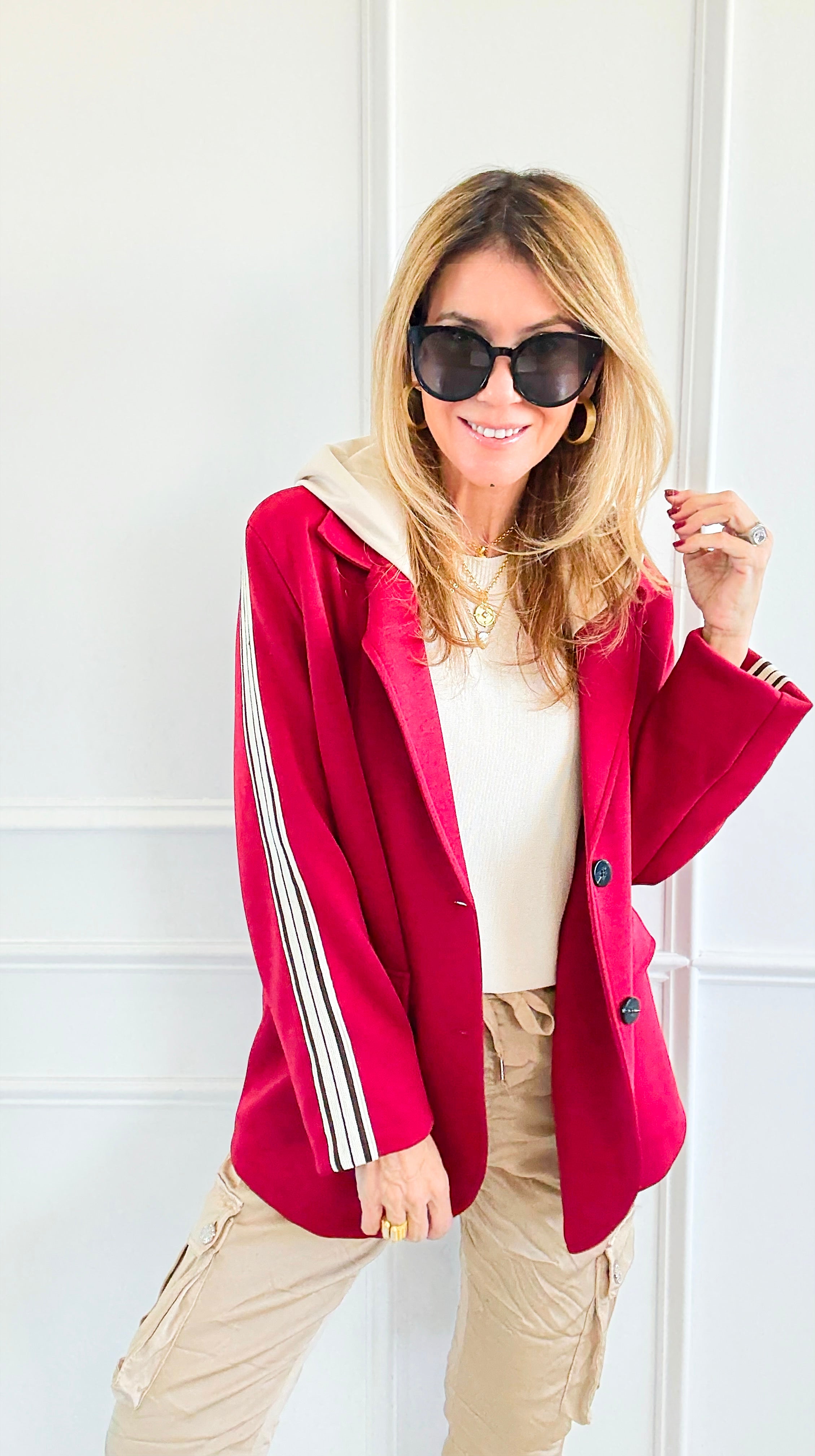Stripes Of Power Italian Hooded Blazer- Burgundy-160 Jackets-ACQUA & LIMONE-Coastal Bloom Boutique, find the trendiest versions of the popular styles and looks Located in Indialantic, FL