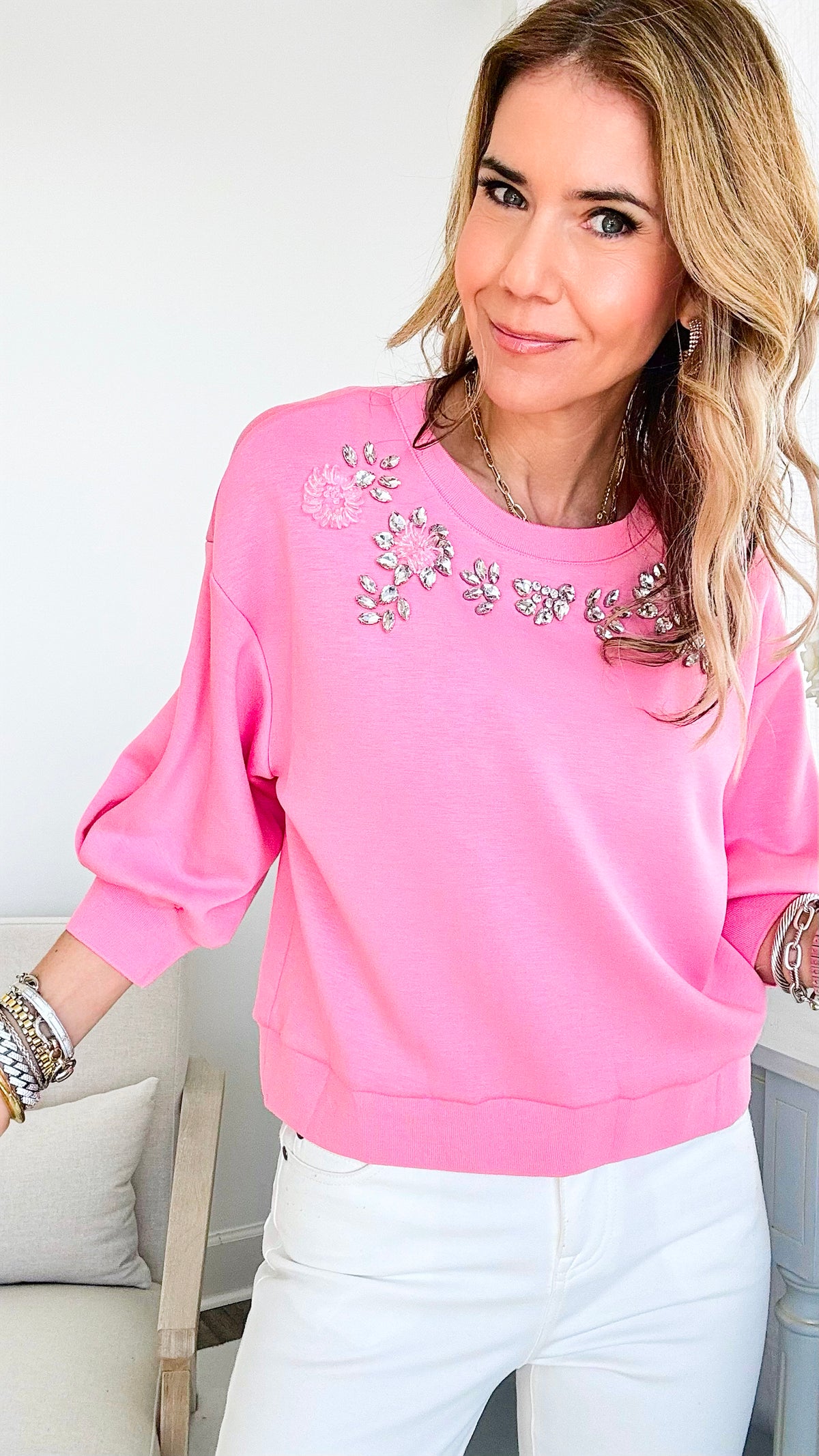 Rhinestone Detail Round Neck Sweatshirt - Pink-130 Long Sleeve Tops-pastel design-Coastal Bloom Boutique, find the trendiest versions of the popular styles and looks Located in Indialantic, FL