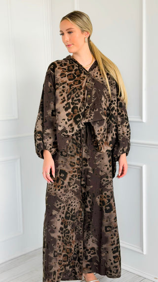 Spiced Leopard Wide Leg Italian Pant- Brown