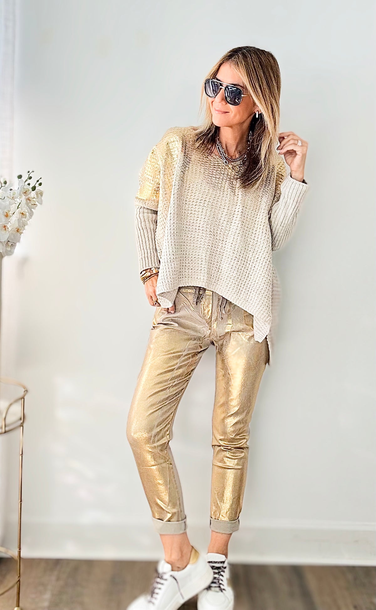 Glistening Italian Joggers - Taupe / Gold-180 Joggers-Italianissimo-Coastal Bloom Boutique, find the trendiest versions of the popular styles and looks Located in Indialantic, FL