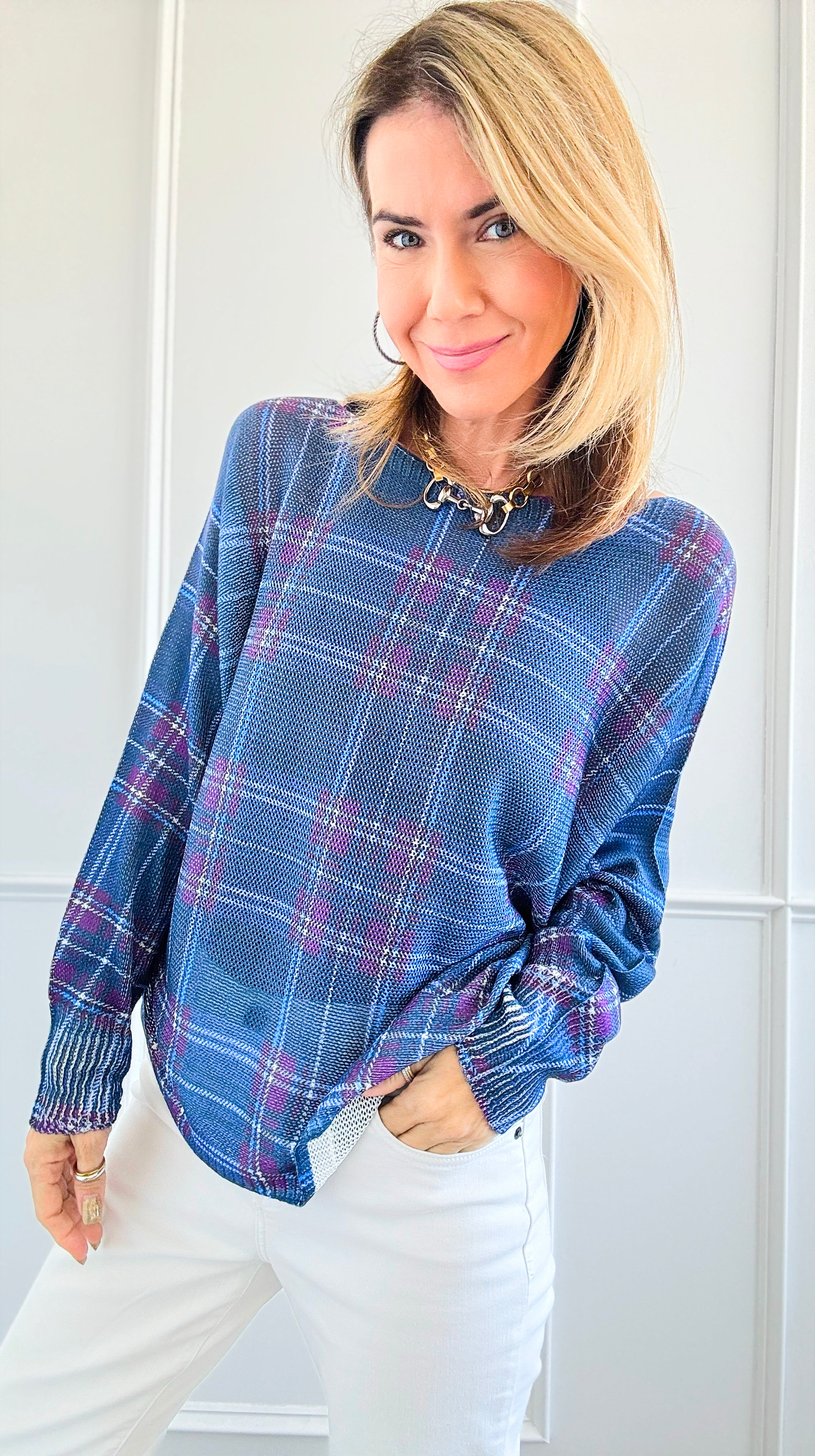 Festive Plaid St Tropez Italian Knit Sweater- Cobalt Blue-140 Sweaters-Italianissimo-Coastal Bloom Boutique, find the trendiest versions of the popular styles and looks Located in Indialantic, FL