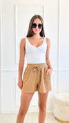 Textured Knit Front Tied Shorts-Camel-170 Bottoms-EASEL-Coastal Bloom Boutique, find the trendiest versions of the popular styles and looks Located in Indialantic, FL
