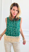 Sleeveless Fringed Detail Print Top-Green-100 Sleeveless Tops-VOY-Coastal Bloom Boutique, find the trendiest versions of the popular styles and looks Located in Indialantic, FL