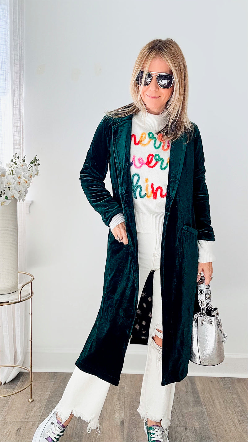 Velvet Duster Coat - Hunter Green-160 Jackets-skies are blue-Coastal Bloom Boutique, find the trendiest versions of the popular styles and looks Located in Indialantic, FL