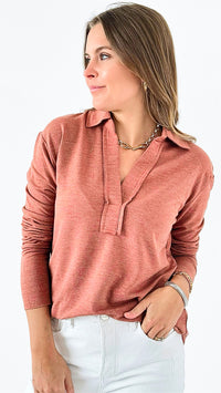 Cozy Collared V-Neck Top- Rust-100 Sleeveless Tops-mystree-Coastal Bloom Boutique, find the trendiest versions of the popular styles and looks Located in Indialantic, FL