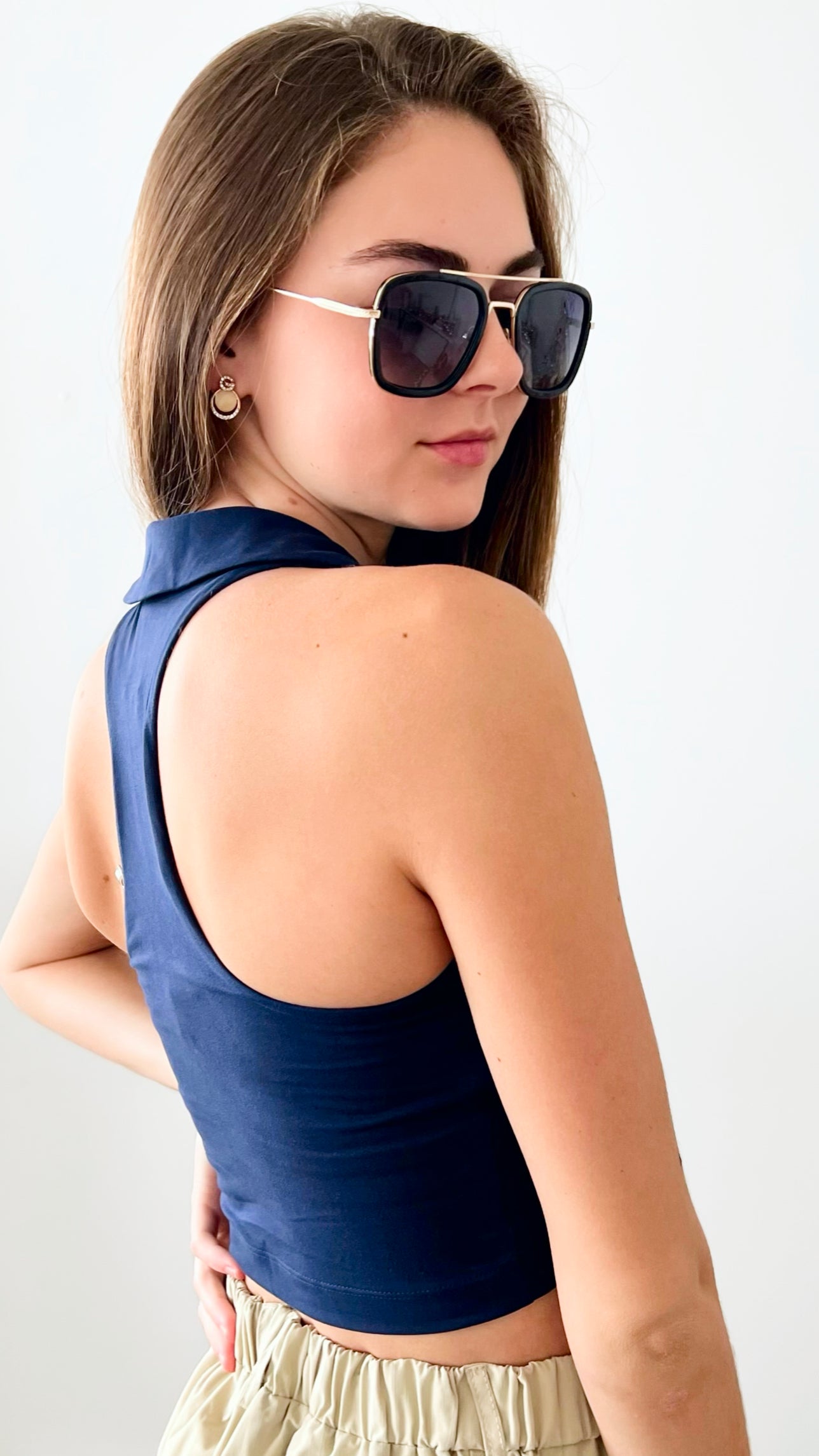 Cropped Collared Bra Tank - Navy-100 Sleeveless Tops-Rae Mode-Coastal Bloom Boutique, find the trendiest versions of the popular styles and looks Located in Indialantic, FL