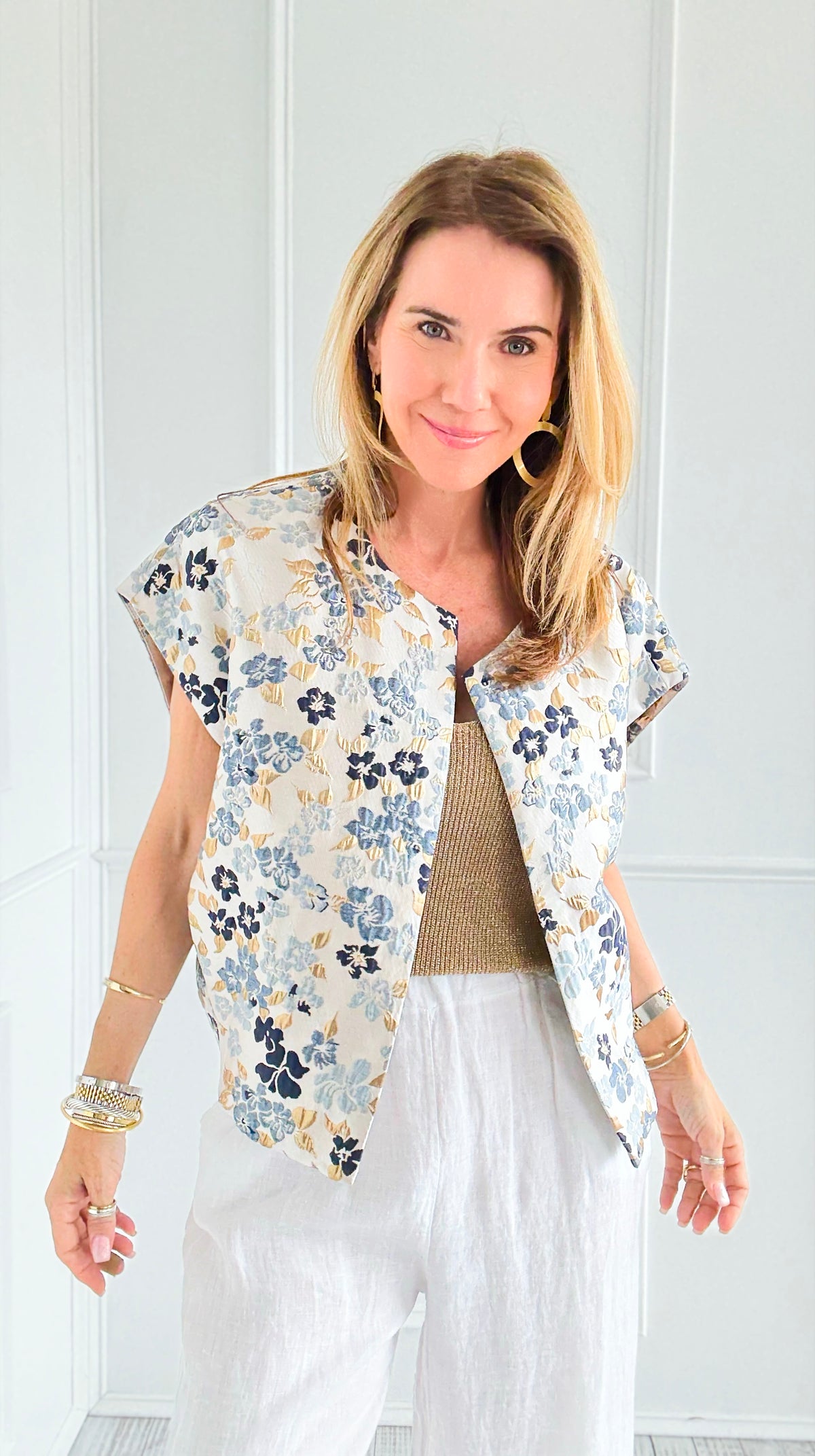 Gilded Bloom Italian Boxy Vest-100 Sleeveless Tops-IT UNIQ-Coastal Bloom Boutique, find the trendiest versions of the popular styles and looks Located in Indialantic, FL