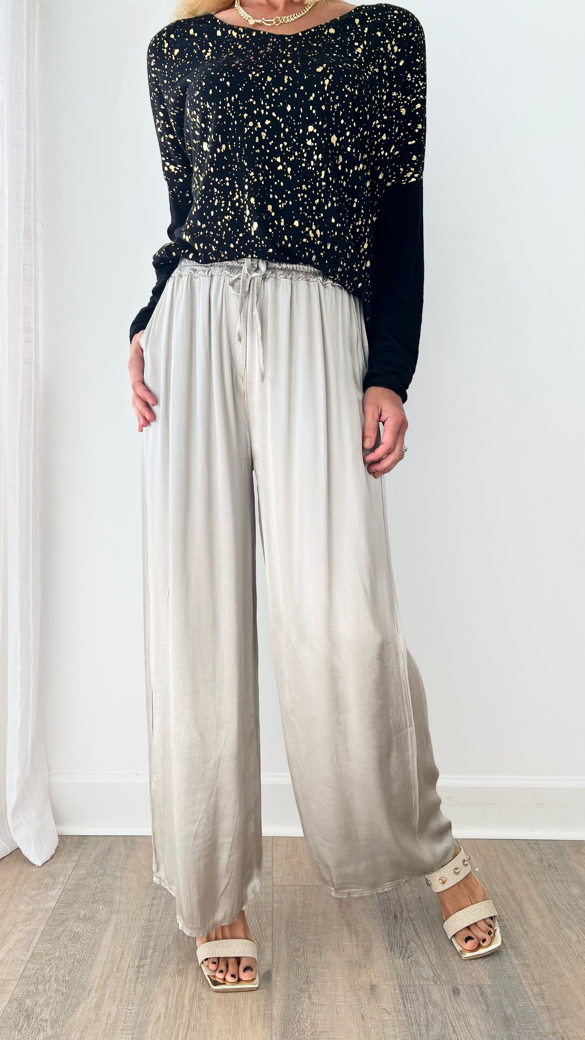 Angora Italian Satin Pant - Greige-170 Bottoms-Italianissimo-Coastal Bloom Boutique, find the trendiest versions of the popular styles and looks Located in Indialantic, FL