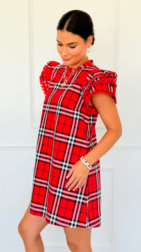 Plaid Ruffle Sleeve Dress - Red Mix-200 Dresses/Jumpsuits/Rompers-Jodifl-Coastal Bloom Boutique, find the trendiest versions of the popular styles and looks Located in Indialantic, FL