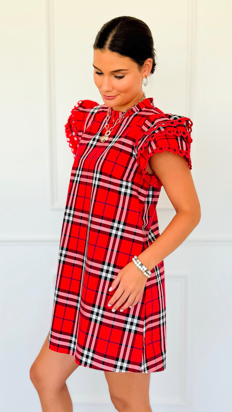 Plaid Ruffle Sleeve Dress - Red Mix-200 Dresses/Jumpsuits/Rompers-Jodifl-Coastal Bloom Boutique, find the trendiest versions of the popular styles and looks Located in Indialantic, FL