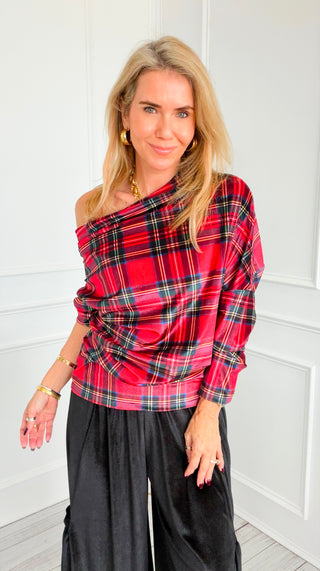 Plaid & Polished Off Shoulder Italian Top- Red