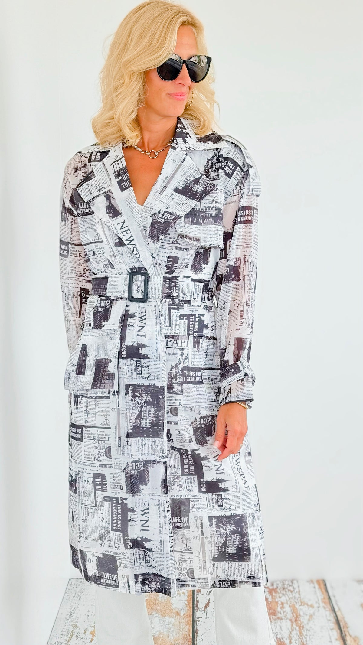 Newspaper Print Belted Trench Dress-200 Dresses/Jumpsuits/Rompers-LA' ROS-Coastal Bloom Boutique, find the trendiest versions of the popular styles and looks Located in Indialantic, FL