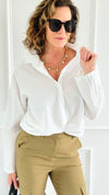 Timeless Texture Italian Button Top- White-110 Long Sleeve Tops-Italianissimo-Coastal Bloom Boutique, find the trendiest versions of the popular styles and looks Located in Indialantic, FL