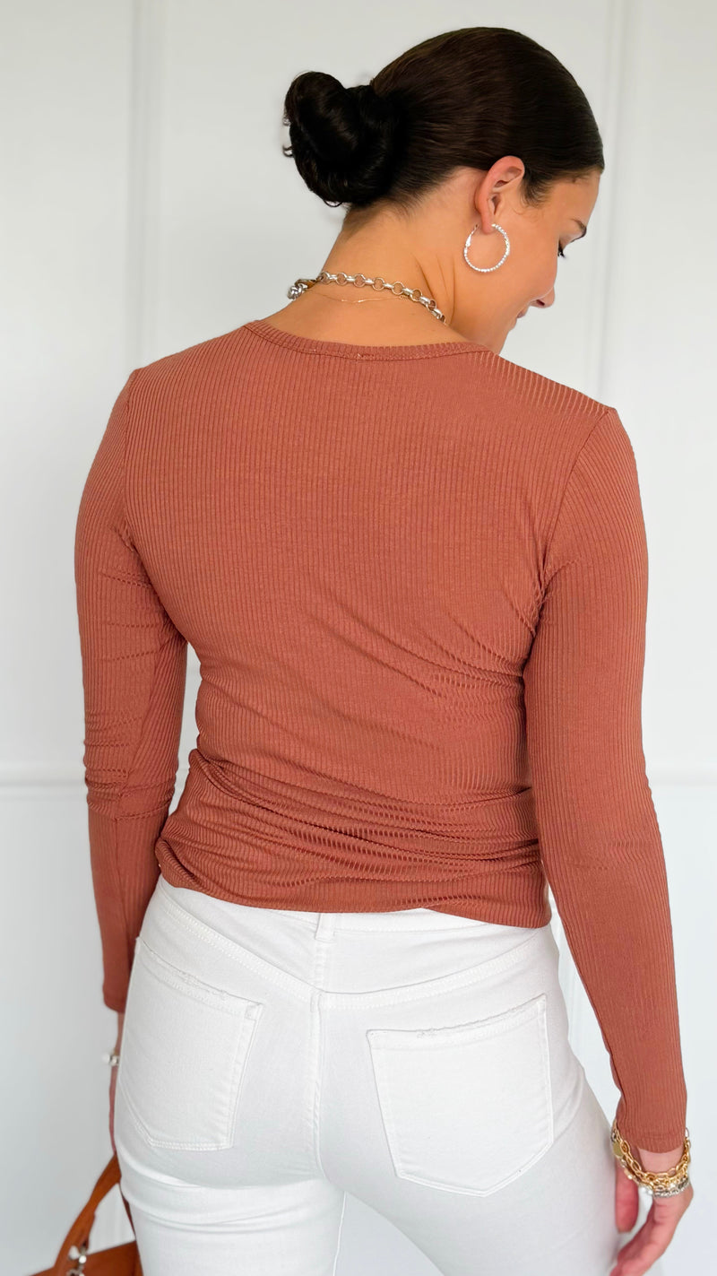 Button Me Up Ribbed Top - Dusty Copper-130 Long Sleeve Tops-YELETE-Coastal Bloom Boutique, find the trendiest versions of the popular styles and looks Located in Indialantic, FL